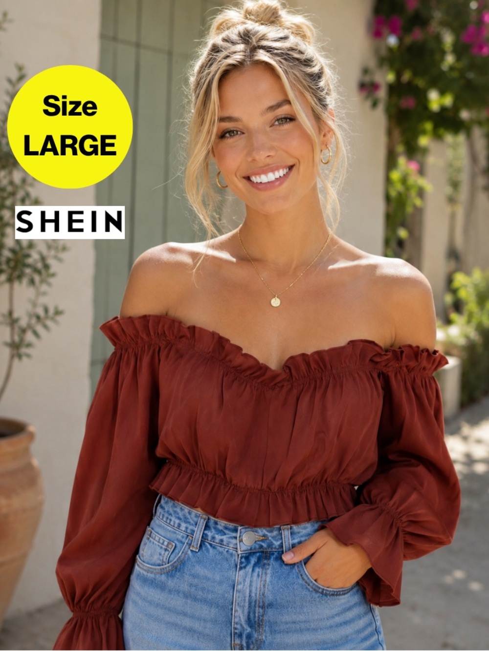 3/for $15 🍒 SHEIN Off-the-Shoulder Brown Crop Top,Billow Sleeves (Women’s Large)